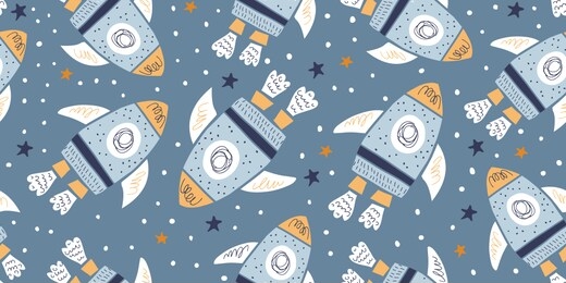 childish seamless pattern with hand drawn space elements - space, rocket, star. trendy kids vector background in scandinavian style. perfect for textile, fabrics for children and boys. - vector