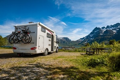 family vacation travel rv, holiday trip in motorhome, caravan car vacation. beautiful nature norway natural landscape.