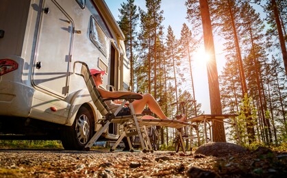 family vacation travel rv, holiday trip in motorhome, caravan car vacation.