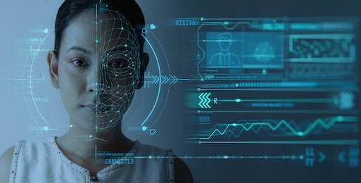 facial recognition system concept with face recognition and 3d scanning interface.