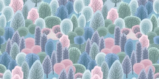 abstract seamless pattern with winter forest. trees, bushes, snow. vector background for various surface. trendy hand drawn textures.