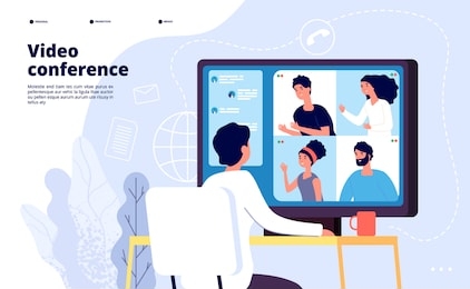 video conference landing. people on computer screen taking with colleague. videoconferencing and online meeting workspace vector page