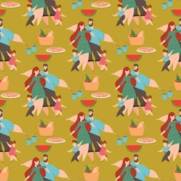 seamless pattern happy family on picnic. parents and children with food basket on green grass background. cute wallpaper design, summer time weekend textile ornament. cartoon flat vector illustration