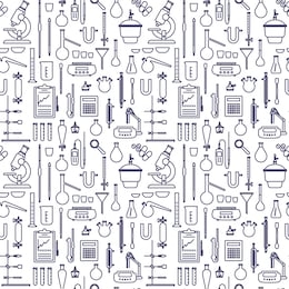 vector seamless monochrome pattern with laboratory equipments and instruments in a flat style with a wide outline. wallpaper with line icons on the theme of chemistry.