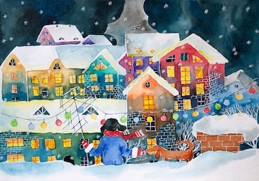 watercolor story about happy childhood, friendship. boy and dog looking at a fabulous city from snow-covered roof. winter illustration for christmas card, new year poster, notebook cover, baby book.