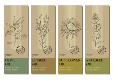 vector set of labels with organic oil plants sketches: olive, linseed, sunflower and rapeseed. healthy food, bio, organic, natural product. design template