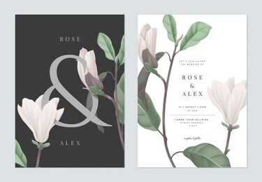 floral wedding invitation card template design, white anise magnolia flowers with ampersand lettering on dark grey, pastel vintage theme