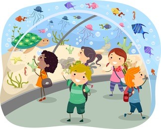 stickman illustration featuring excited kids on a trip to the aquarium