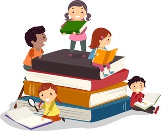 stickman illustration featuring kids reading books