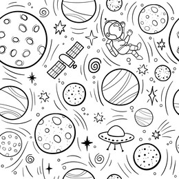 hand drawn space banner template. space doodle vector illustration with cartoon rocket, planets, stars for print or web design, posters, cards, banners. universe seamless pattern