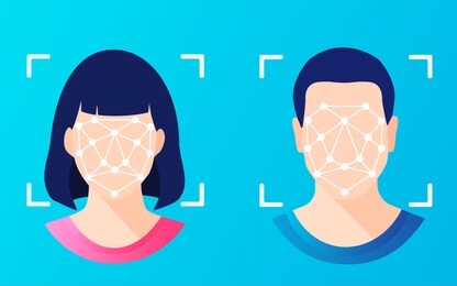 face id, facial recognition, biometric identification, personal verification, cyber protection, identity detection ai algorithms. woman & man faces scanning. secure technology system for web, mobile.