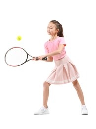 little girl playing tennis against white background