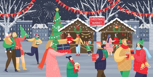 christmas market vector, shops with souvenirs. festive kids and adults, man and woman with children, streets with flags. people walking between decorated stalls or kiosks and having rest with family