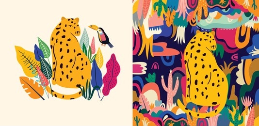 tropical vector colorful illustration with leopard, flowers, leaves 