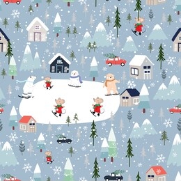 seamless pattern cute christmas landscape in the town with fairy tale houses, polar bear and rats playing ice skates, trees and cars, vector panorama flat design in winter city life on christmas 