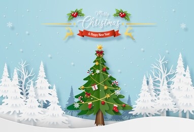 origami paper art of christmas tree with decoration in the forest with snowing, merry christmas and happy new year