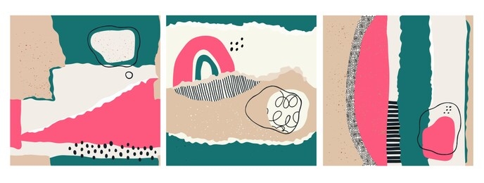 hand drawn various shapes and doodle objects. set of three abstract contemporary modern trendy vector seamless patterns. pastel bright colors. perfect for textile prints. every pattern is isolated