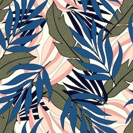 tropical seamless pattern with blue leaves. tropical botanical. modern abstract design for fabric, paper, interior decor and other users. exotic wallpaper. summer colorful hawaiian seamless pattern.
