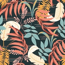colorful tropical seamless pattern with plants, leaves and abstraction. trend vector design, beautiful print. printing with in hand drawn style. exotic wallpaper, hawaiian style.