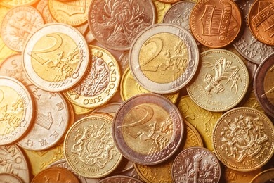 background of euro coins money.united kingdom pound coin.us coins.group of coins