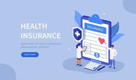 
doctors characters stand near health insurance contract. staff in hospital office filling medical document form. health care concept. flat isometric vector illustration.