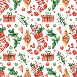 christmas watercolor seamless pattern with illustration of christmas decor (christmas sock, balls, gifts, christmas tree branches, red and green berries)