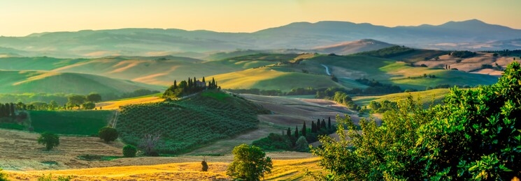wide landscape panorama with podere belvedere in tuscany, italy, summer