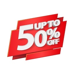 up to 50% off special offer 3d red digits banner, template fifty percent. sale, discount. grayscale, gray, glossy numbers. illustration isolated on white background. ready for your design. 
