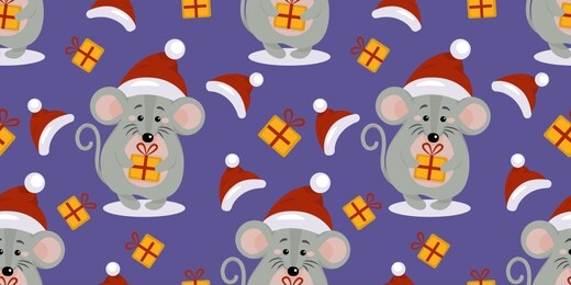 vector new year and christmas seamless pattern with the mouse in santa hat and a gift in hands for new year 2020 greeting card, invitation, logo icon. flat mouse symbol of 2020 in chinese calendar