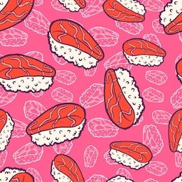 sushi nigiri. fresh raw salmon. seafood and rice. traditional asian japanese bento dish. vintage retro style. seamless background with pattern.
