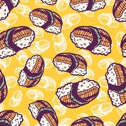 sushi nigiri. eel fillet with nori seaweed. seafood and rice. traditional asian japanese bento dish. vintage retro style. seamless background with pattern.