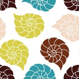 snail shells, blue, lime color, brown, light pink on white backgrund. vector seamless pattern.
