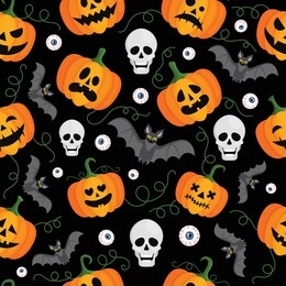halloween seamless pattern. pumpkins, sculls, bats and eye balls on black background. vector