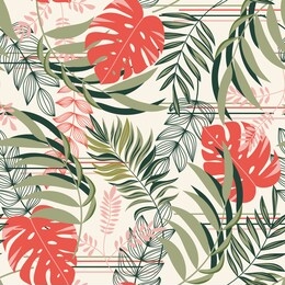 colorful seamless pattern with red tropical plants. floral seamless vector tropical pattern background with exotic leaves, jungle leaf. seamless vector texture. exotic wallpaper, hawaiian style.