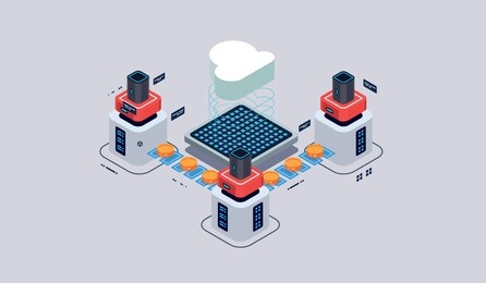 isometric design concept virtual reality and augmented reality. software development and programming. computation of big data center, quantum computer isometric vector technology
