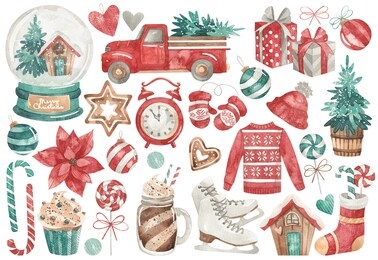 watercolor set of christmas elements in red and green colors. christmas tree, gifts, snow globe, sweater, ice skates and other elements. christmas elements for stickers, cards, invitations, background