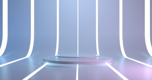 futuristic empty stage. modern future background technology sci-fi interior concept. studio with stage to display your product. 3d rendering