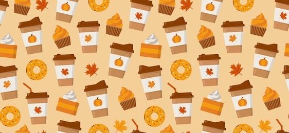 pumpkin spice latte season. coffee mugs, donuts, pumpkin pie slices and autumn leaves. flat vector seamless pattern.