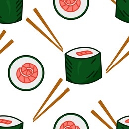 cute cartoon tasty sushi rolls seamless pattern for fast food delivery, editable vector illustration