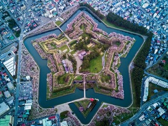 aerial top view of fort goryokaku with cherry blossom, build for protect city from enemy in  star shape. this place is a famous to visit in hakodate, hokkaido japan
