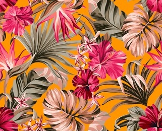 seamless pattern exotic tropical flowers artwork for fabrics, souvenirs, packaging, greeting cards and scrapbooking