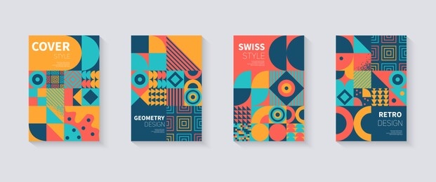 vintage retro bauhaus design vector covers set. swiss style colorful geometric compositions for book covers, posters, flyers, magazines, business annual reports, music albums