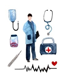 profession doctor.watercolor hand drawn illustration of doctor,dropper,pills,doctors bag,heartbeat,thermometer,stethoscope.