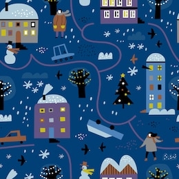 night winter city seamless pattern. childish textile, wrapping paper, wallpaper design. background with houses, trees and cars. winter landscape.