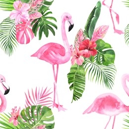 tropical isolated seamless pattern with flamingo, tropical leaves on an isolated white background, watercolor tropic drawing.