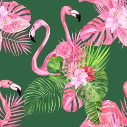 tropical isolated seamless pattern with flamingo, tropical leaves, watercolor tropic drawing.