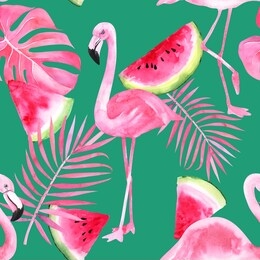 tropical isolated seamless pattern with flamingo, tropical leaves, watermelon watercolor tropic drawing.