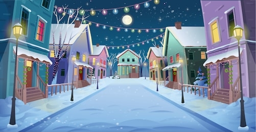 road over the street with lanterns and a garland. vector illustration of winter city street in cartoon style.