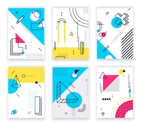 geometric shapes posters. abstract geometrical shapes cards, funky 80s and memphis style design. geometry poster, hipster colorful flyer brochure. isolated background illustration vector set