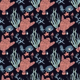 sea underwater life seamless pattern on dark background, vector